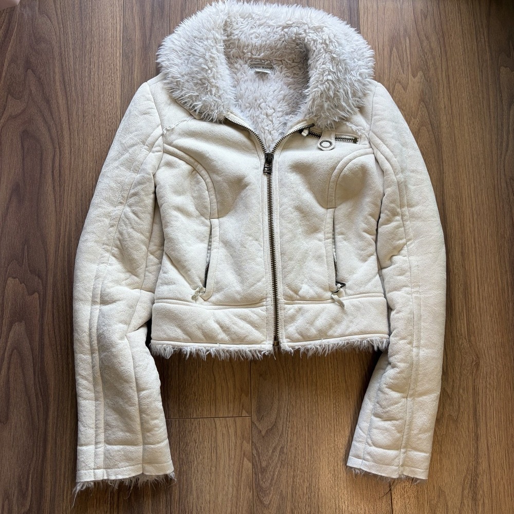 2000's Y2K GUESS White Faux Fur Jacket‎ Fur Trim Women's Size XS Mobwife Grunge